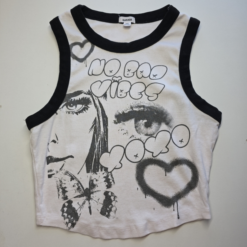Garage Black & White Graphic Cropped Tank Top Womens Sz S NWOT No Boo Vibes  Y2K